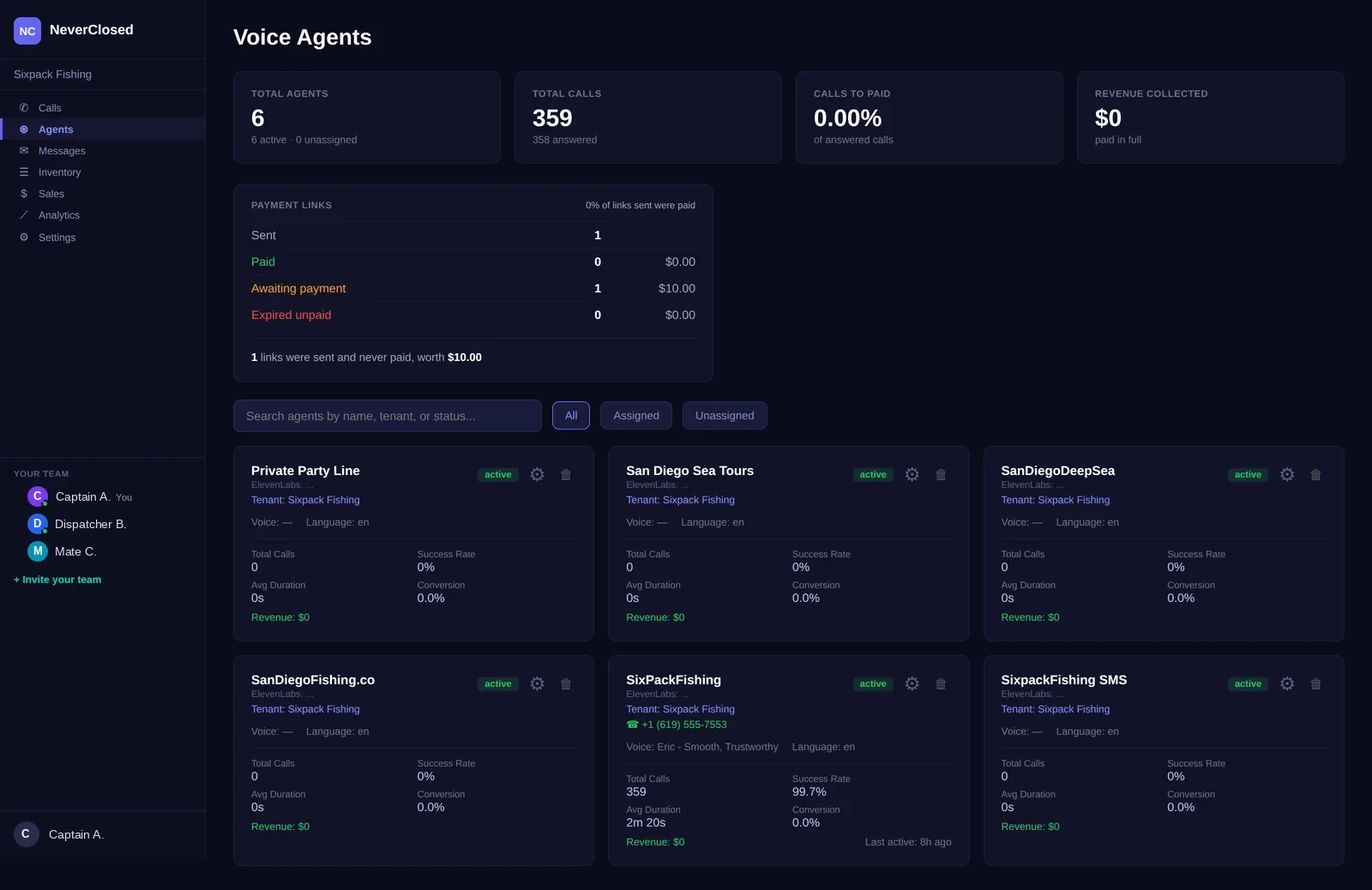 NeverClosed Agents screen listing voice agents as cards with per-agent call counts, success rate and conversion