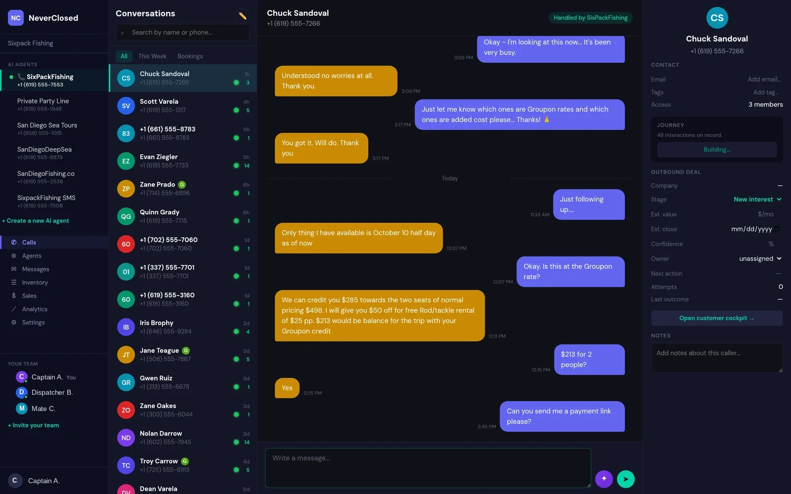 NeverClosed Calls screen showing a list of callers beside a text conversation and a contact panel