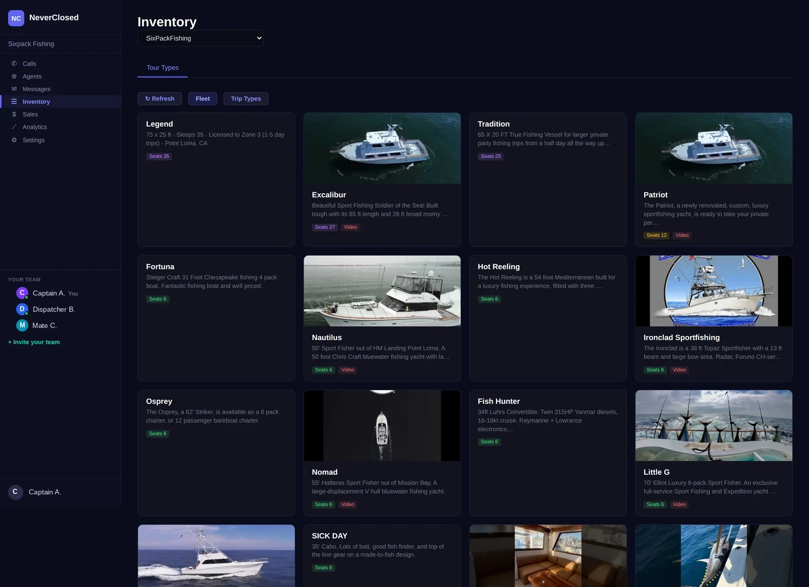 NeverClosed Inventory screen listing a charter fleet with photos, seat counts and tour details