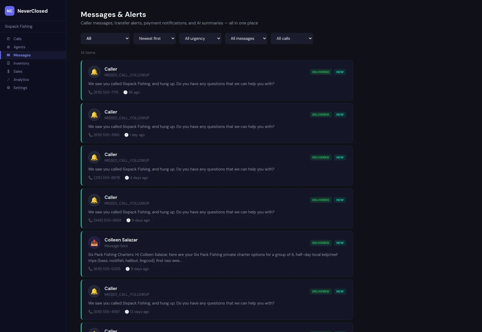 NeverClosed Messages screen showing missed-call follow-up texts sent to callers who hung up