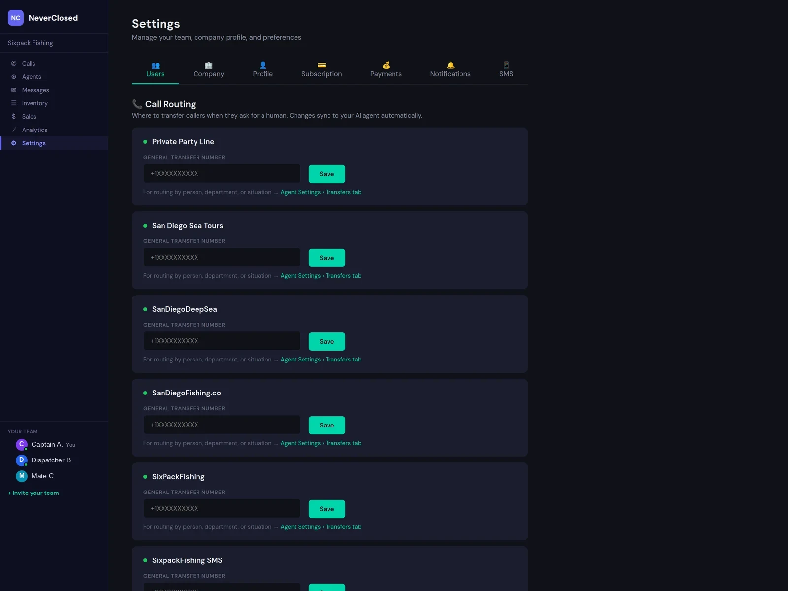 NeverClosed Settings screen with business profile, operating hours, call flow and notification preferences